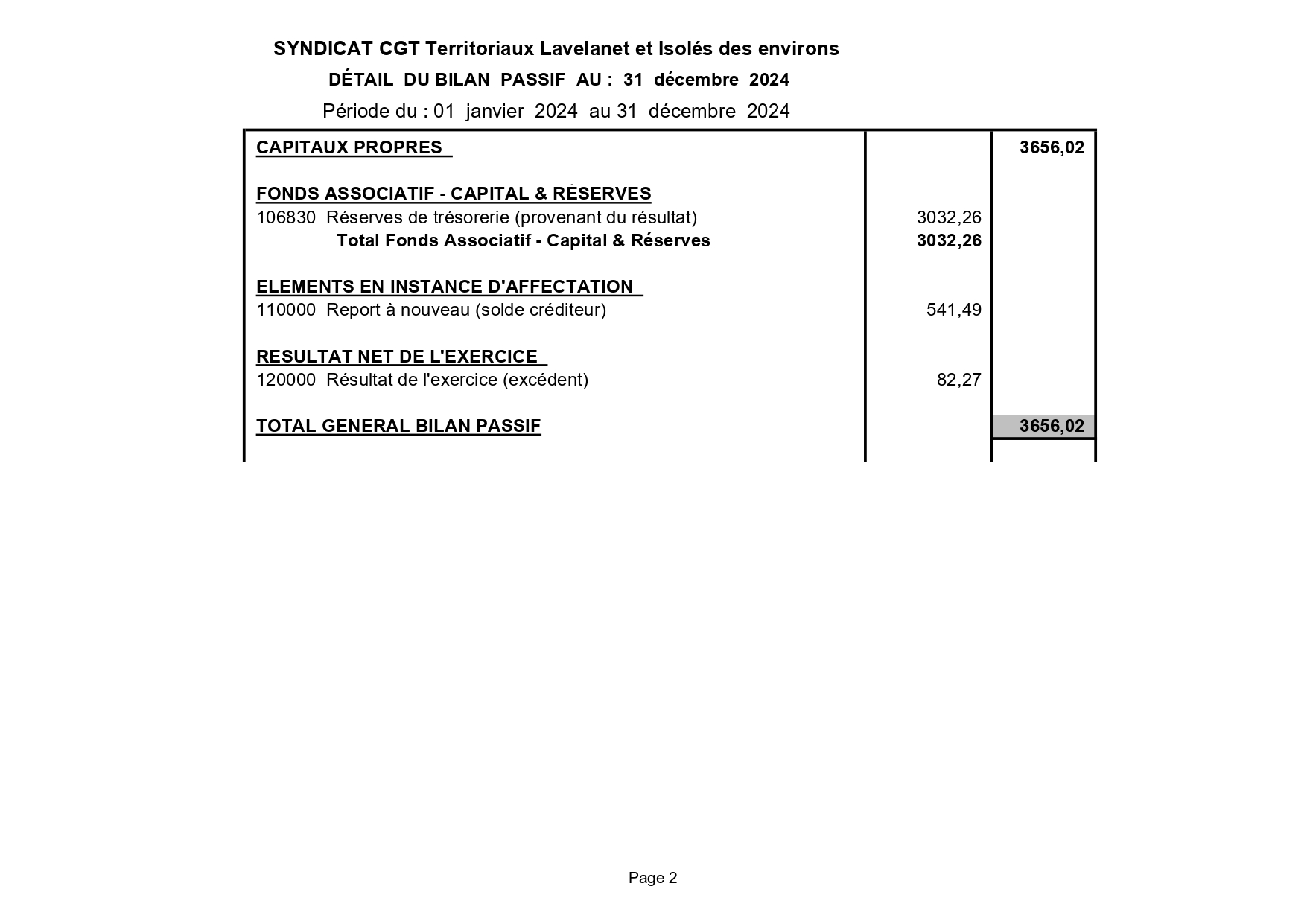 BILAN PASSIF 2024 SYNDICAT CGT TERRITORIAUX LAVELANET