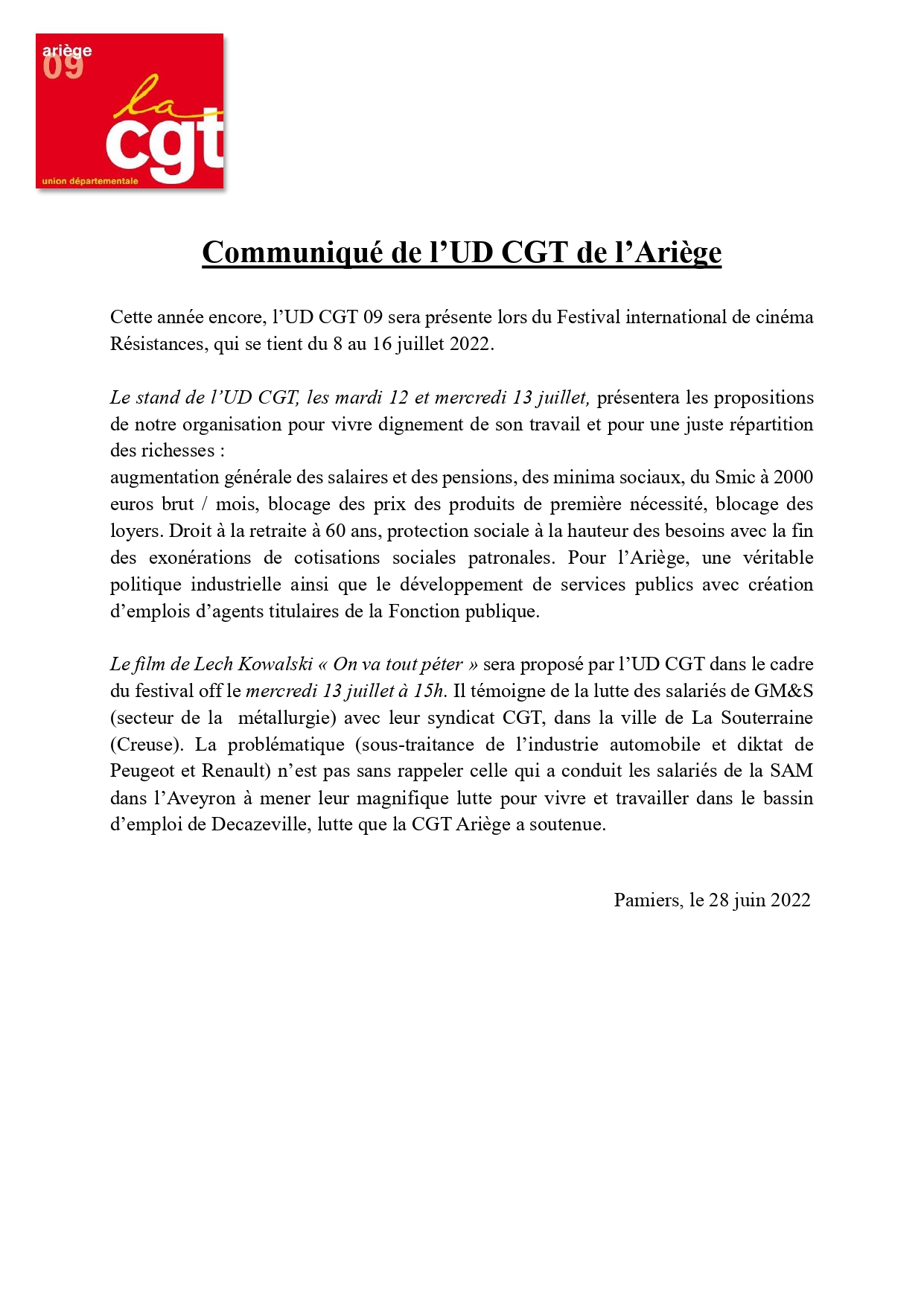 Communiqué UD CGT 09 Festival Résistances 2022